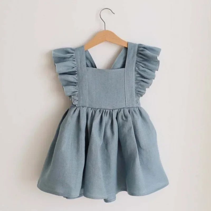 Summer Toddler Girl Dress Solid Backless Ruffles Baby Dress Infant Dress 100% Cotton Sister Clothes