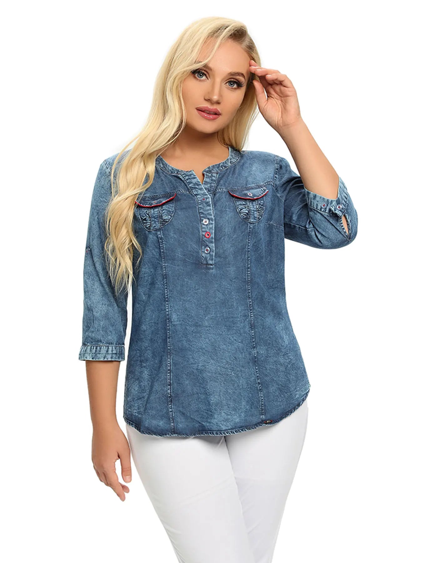 Women's Plus Size Denim Shirt Spring Fashion Elegant Shirt For Chubby Women's Woven Cotton Shirt