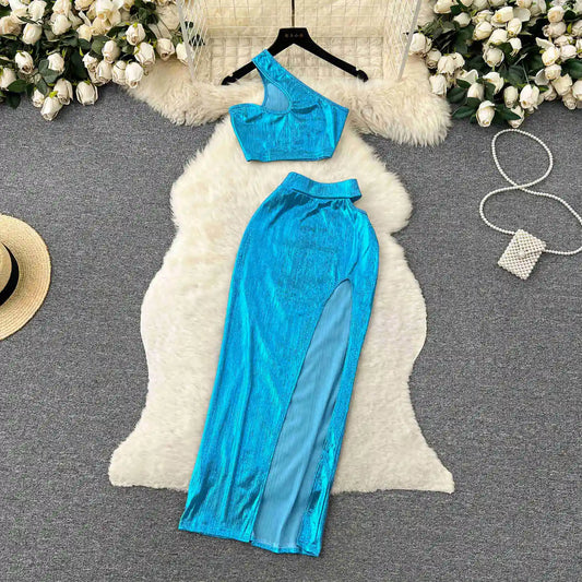 Summer Women Sexy 2 Pieces Sets Shiny Blue One Shoulder Sleeveless Crop Top And Hollow High Elastic Waist Split Long Skirt Suits