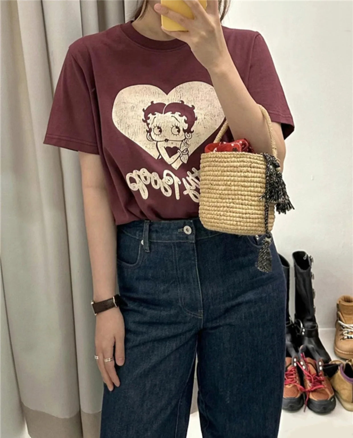 2023 Summer Korean Style Cartoon Miss Betty Letter Love Printed Women T-shirts Streetwear Casual Loose Short Sleeve Tops Tees