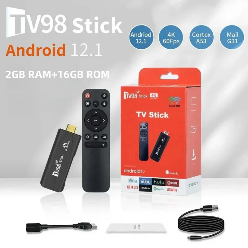 TV98 Ultra HD TV Stick Android 12.1 4K Smart TV Box 2.4G 5G WiFi H.265 Network Media Player Set Top Box