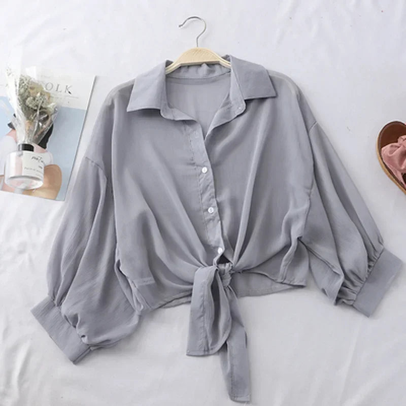 Casual Blouse Chiffon Shirts Women Tied Waist New 2024 Summer Half Sleeve Buttoned Up Shirt Loose Elegant Blouses for Women 9494