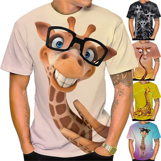 Summer Funny Men's T-Shirt Tops 3D Print Giraffe Animal Tees O-Neck Oversized Shirts Mens Clothing Male Casual Streetwear Short