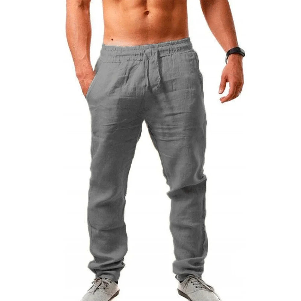 2022 Men's New  Fashion  Casual Sport Pants Elastic Waist Cotton and Linen Solid Color Trousers