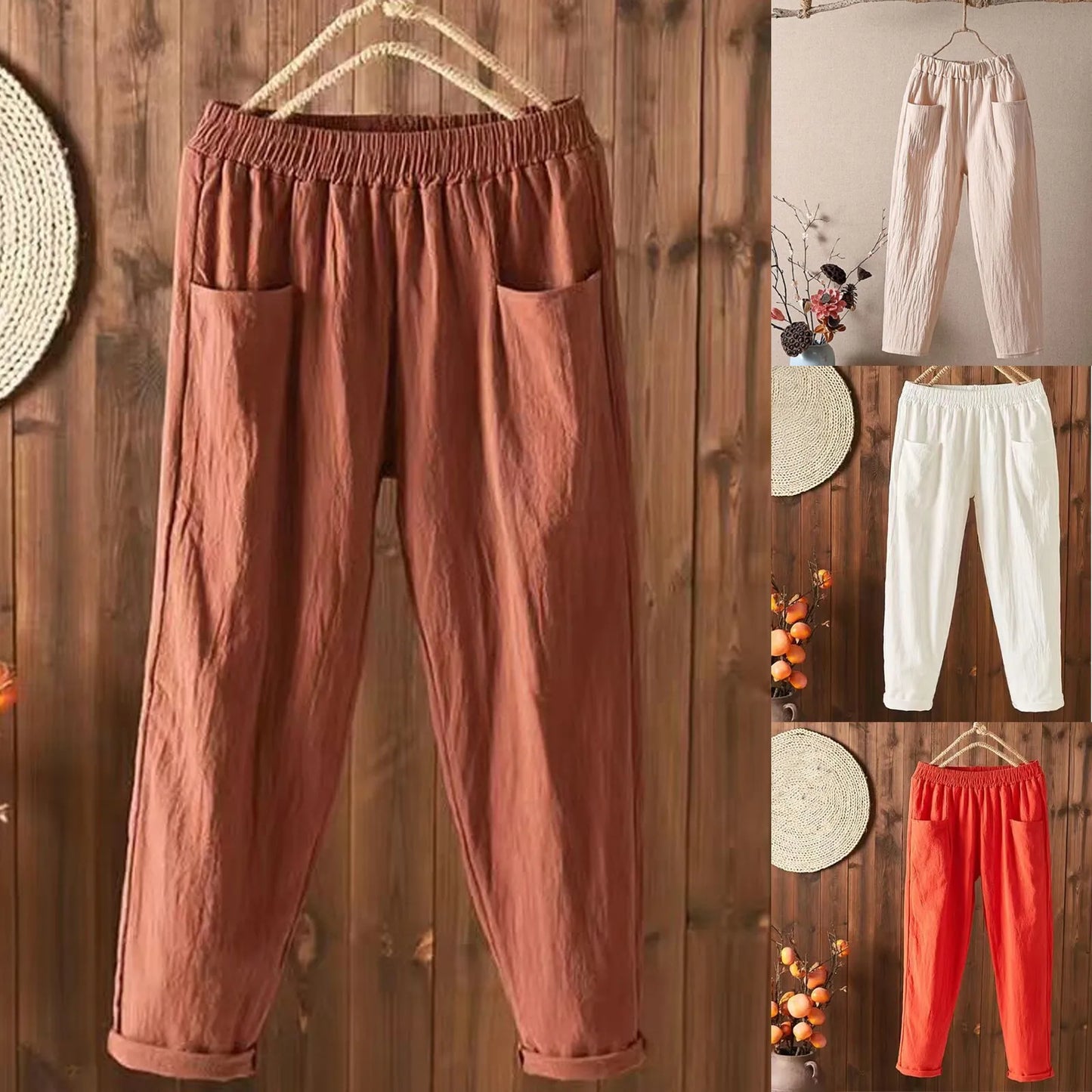 Cotton Linen Pants Women Spring Summer Large Size Solid Color Harem Pants Elastic Waist Loose Casual Woman's Linen Trousers