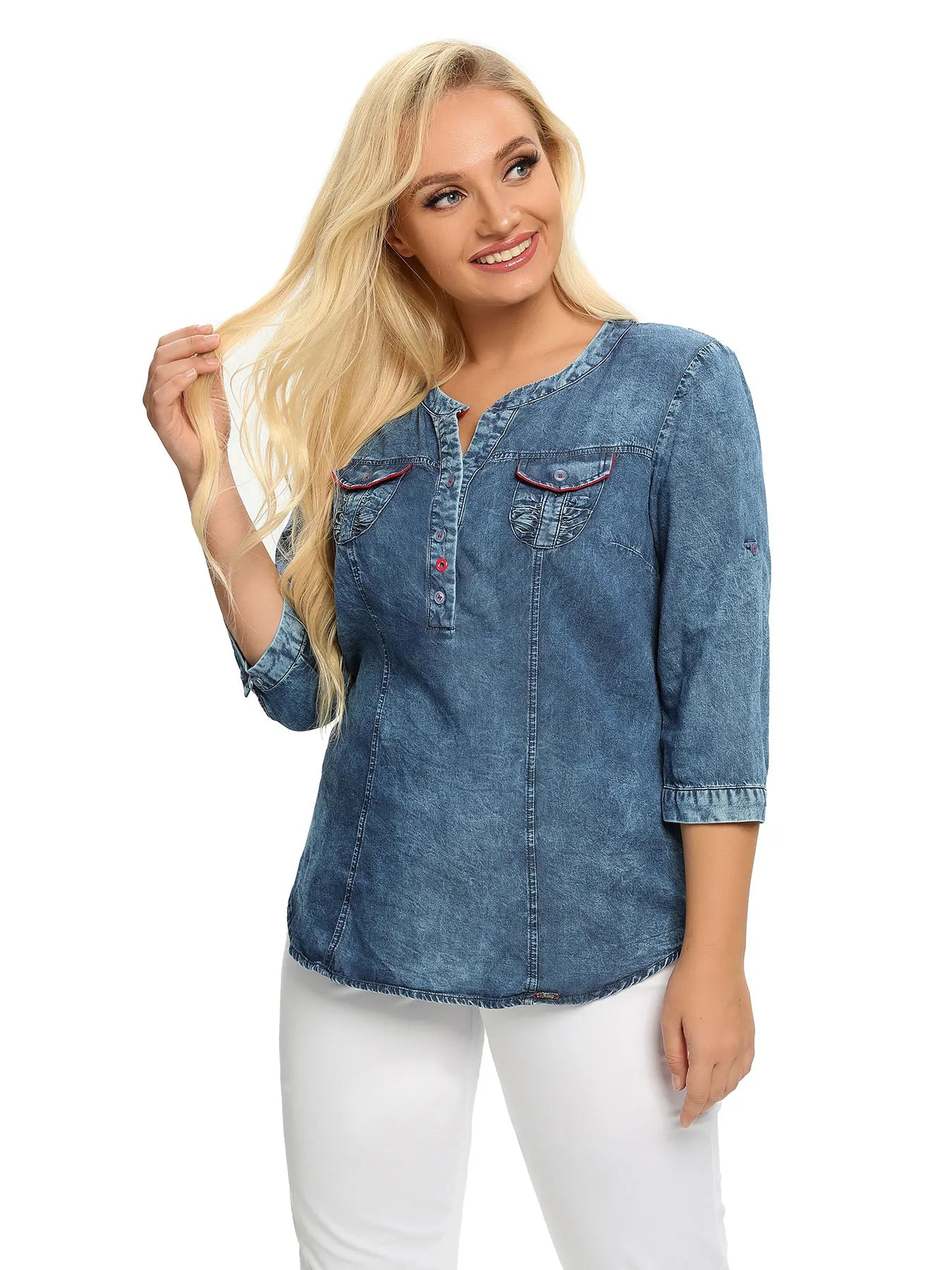 Women's Plus Size Denim Shirt Spring Fashion Elegant Shirt For Chubby Women's Woven Cotton Shirt