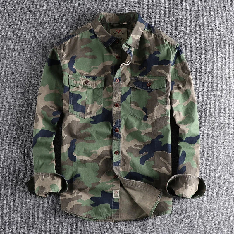 Washed Cotton Camouflage Cargo Shirts Men Durable Outdoor Hiking Long Sleeve Shirts Male Sport Casual Outwear Camicia