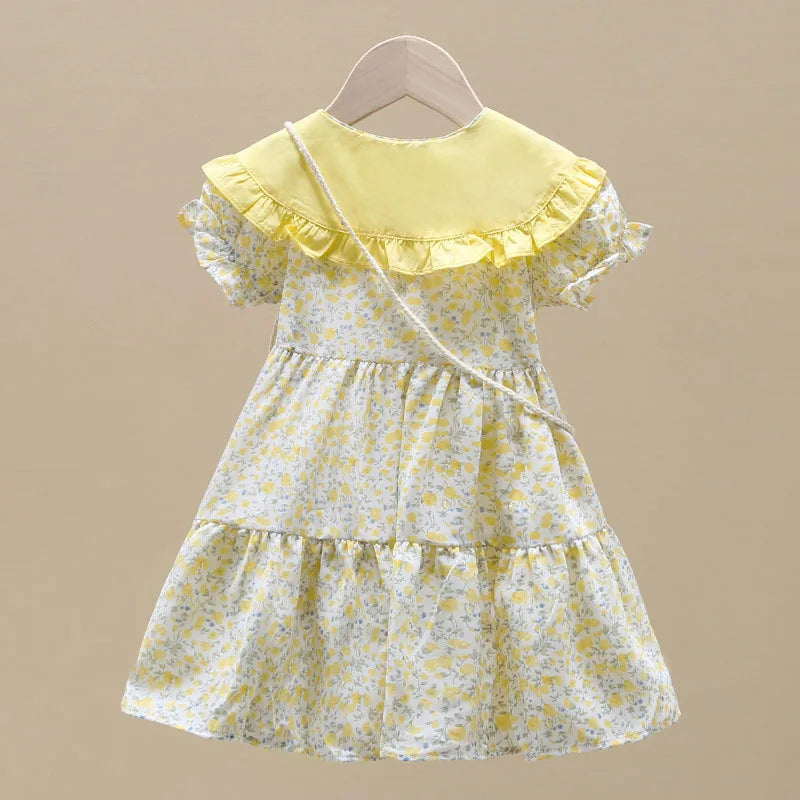 2PCS Summer Yellow Floral Child Little Girls Clothing Casual Midi Dress +Bag Children Dresses For Teens Party Princess Sundress