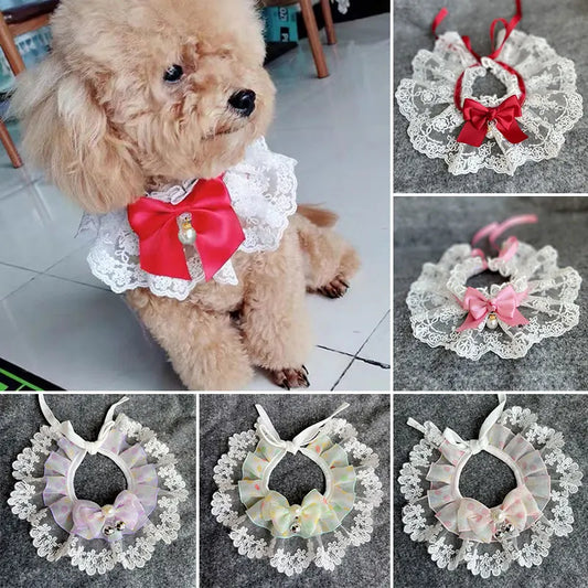 1PC Lace Bowknot Collar Cat Dog Neckerchief Pet Kitten Dog Puppy String Bib Necklace Necktie Neck Strap Mesh Embroidery Scarf