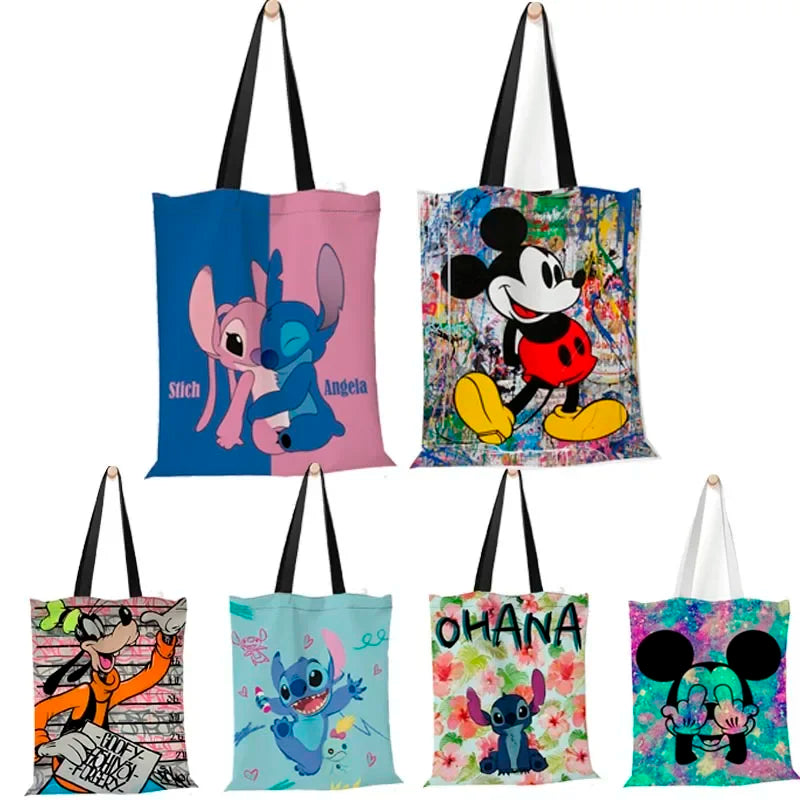 Disney Women's Handbag Mickey Mouse Lilo and Stitch Canvas Hand Bag Large Capacity Shopping Bags for Girls Shoulder Bags