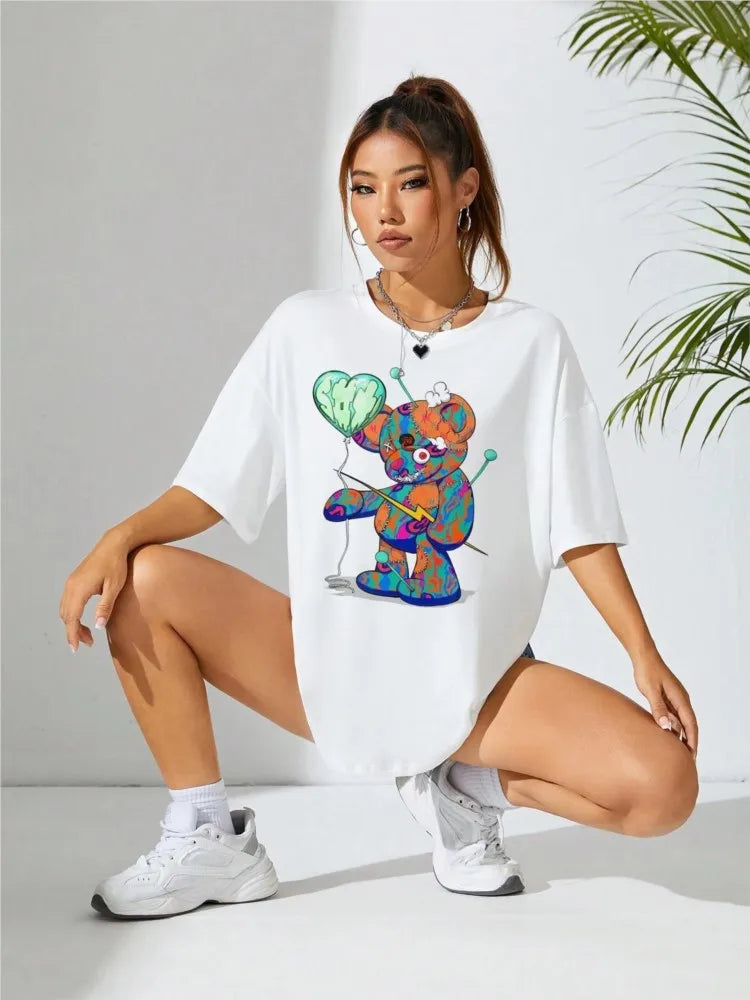 Summer Womans Cotton T-Shirts Kawaii OK Teddy Bear Graphic Prints Tees Fashion Casual Female Clothes Comfortable Street Tops