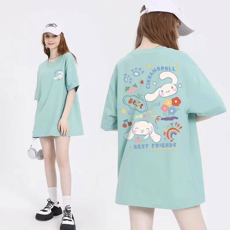 Sanrio Kuromi Cinnamoroll Cotton Round Neck T-shirt Cartoon my melody Pochacco printing Summer New Short Sleeved For Women