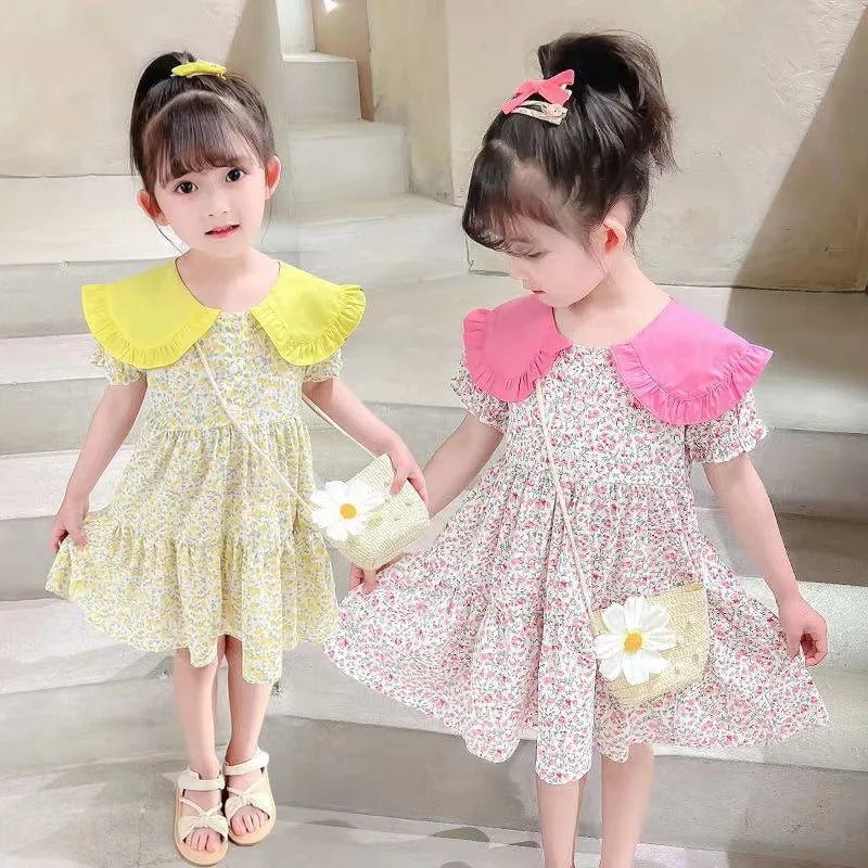 2PCS Summer Yellow Floral Child Little Girls Clothing Casual Midi Dress +Bag Children Dresses For Teens Party Princess Sundress