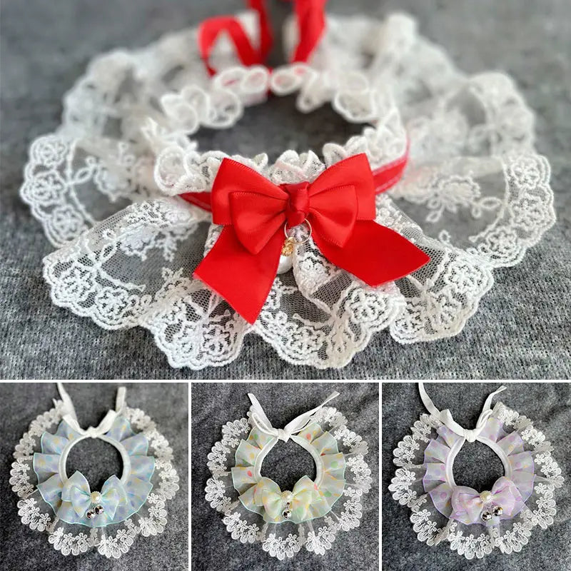 1PC Lace Bowknot Collar Cat Dog Neckerchief Pet Kitten Dog Puppy String Bib Necklace Necktie Neck Strap Mesh Embroidery Scarf