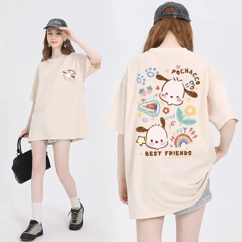 Sanrio Kuromi Cinnamoroll Cotton Round Neck T-shirt Cartoon my melody Pochacco printing Summer New Short Sleeved For Women