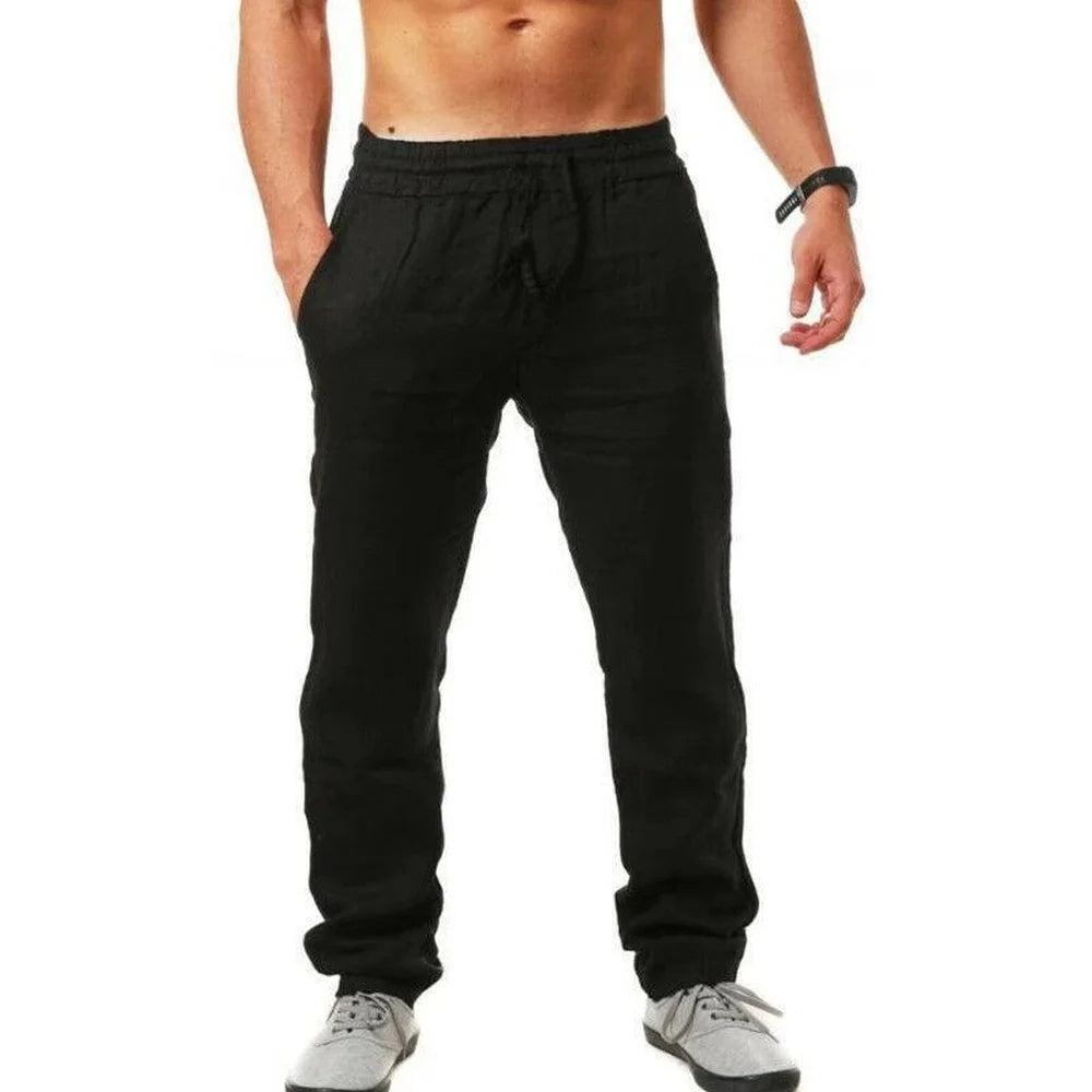 2022 Men's New  Fashion  Casual Sport Pants Elastic Waist Cotton and Linen Solid Color Trousers