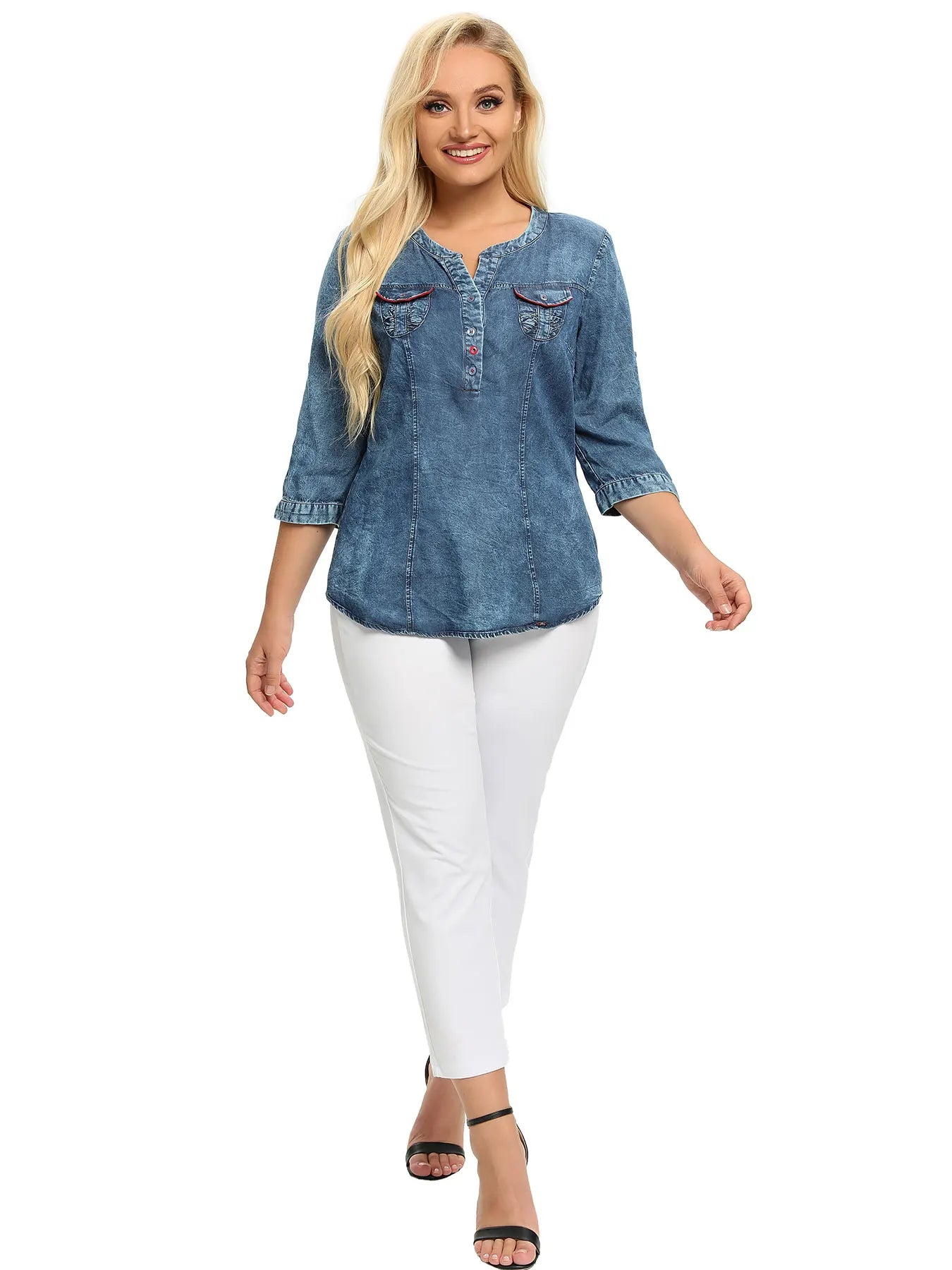 Women's Plus Size Denim Shirt Spring Fashion Elegant Shirt For Chubby Women's Woven Cotton Shirt