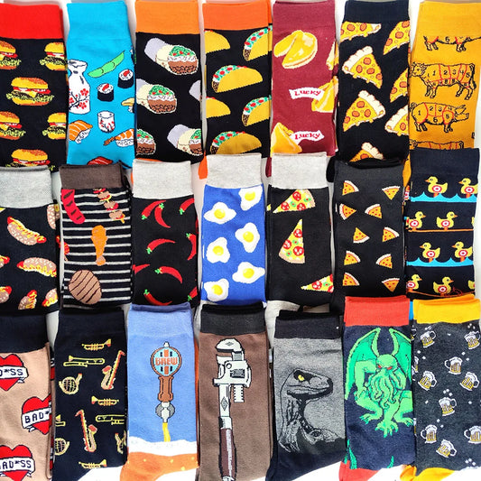 Men Series Cotton Crew Socks Funny Daily Happy Cartoon Rocket burger food Men's Long Skateboard Socks EU 37-42