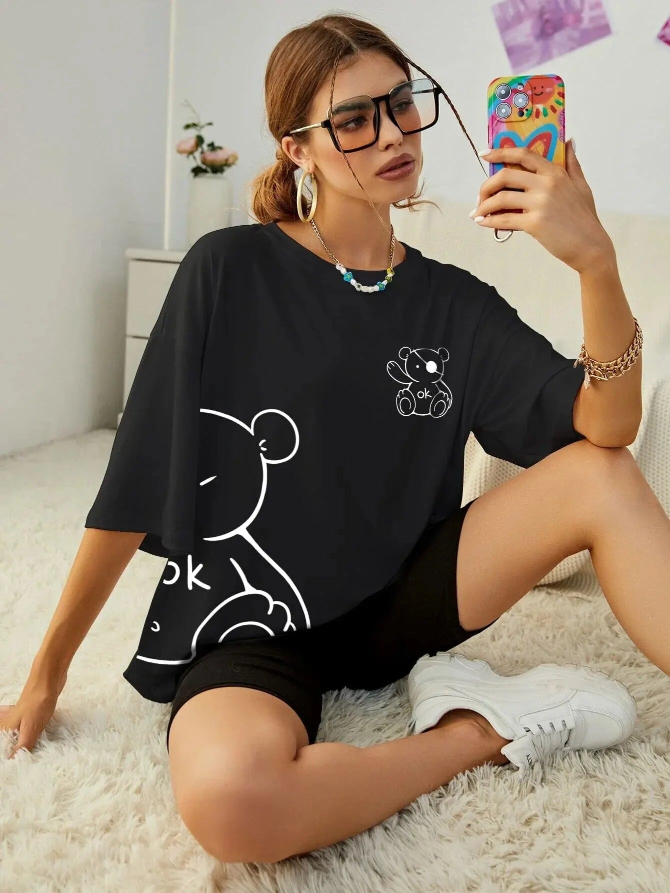 Womans Cotton T-Shirts Kawaii OK Teddy Bear Graphic Prints Tees Fashion Summer Casual Female Clothes Comfortable Street Tops