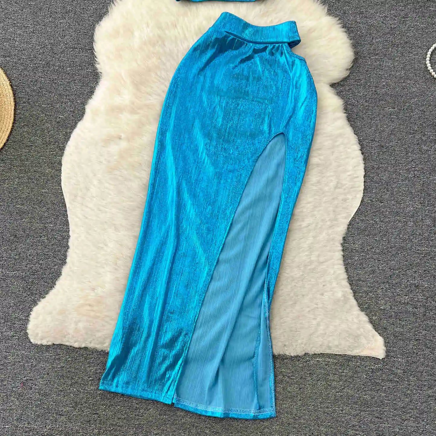 Summer Women Sexy 2 Pieces Sets Shiny Blue One Shoulder Sleeveless Crop Top And Hollow High Elastic Waist Split Long Skirt Suits