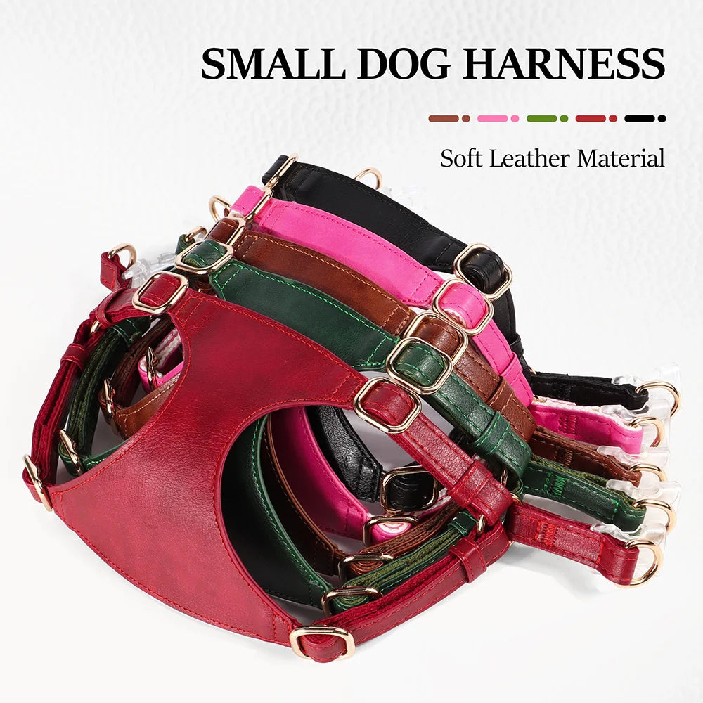 Soft Genuine Leather Dog Harness Leash Set Small Medium Dogs Cats Harness Vest For Chihuahua French Bulldog Walking Training