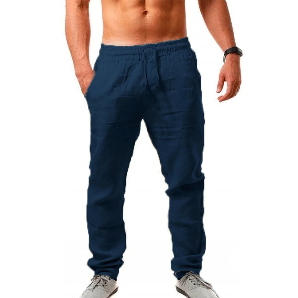 2022 Men's New  Fashion  Casual Sport Pants Elastic Waist Cotton and Linen Solid Color Trousers