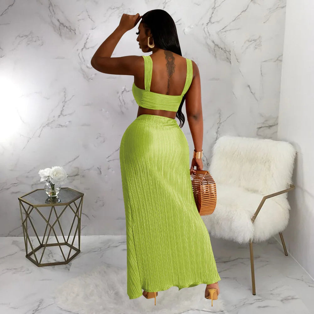 Summer Dresses for Women Two Pieces Set Sexy Backless Halter Top and High Waist Side Slit Pleated Skirt Matching Lady Streetwear