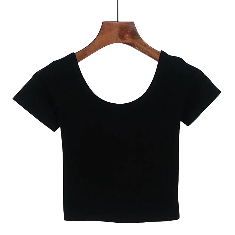 Stretch Women Cotton Sexy U Neck Crop Top 2024 Girls Short Sleeve Female Fashion Best Sell Popular Tee Top T-shirt Hot Sale