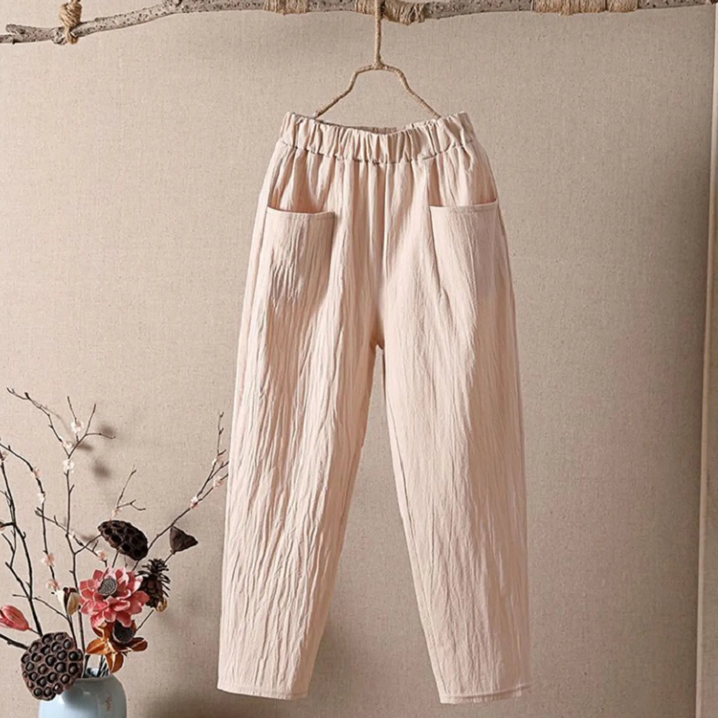 Cotton Linen Pants Women Spring Summer Large Size Solid Color Harem Pants Elastic Waist Loose Casual Woman's Linen Trousers