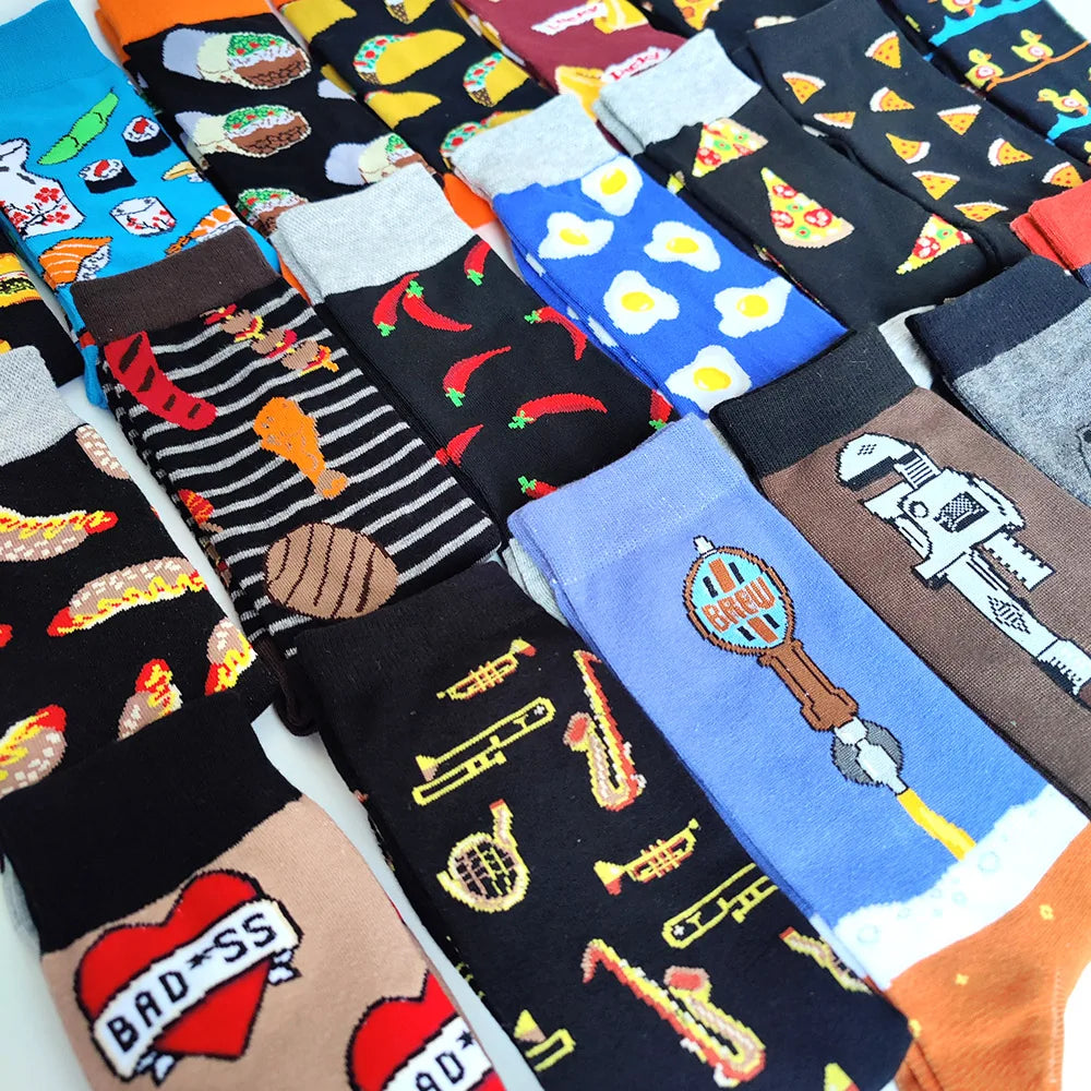 Men Series Cotton Crew Socks Funny Daily Happy Cartoon Rocket burger food Men's Long Skateboard Socks EU 37-42